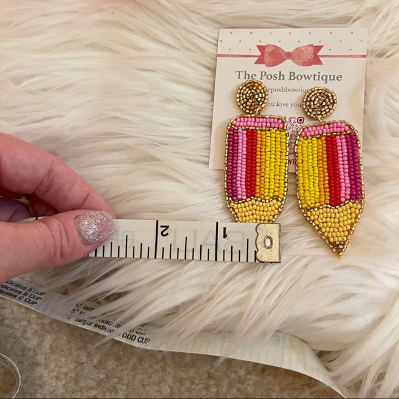 Pencil Bright Yellow & Pink Seed Beaded Teacher Statement Earrings - Picture 7 of 8